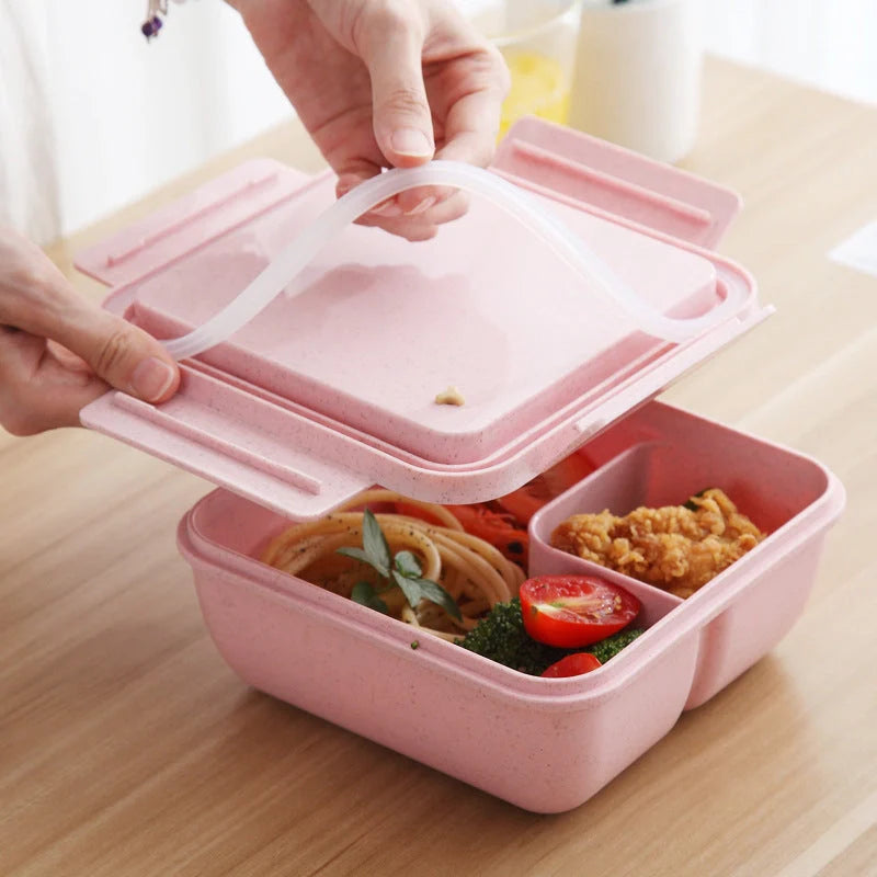 Japanese-style student bento box with silicone seal, microwave-safe, includes spoon and chopsticks