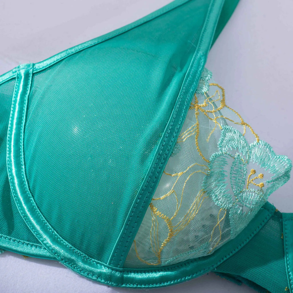 Light green women's embroidery bra set with three-point tights design showing SML size options