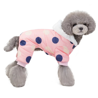 Big polka dot cotton coat with four-leg design in pink, black, and light yellow
