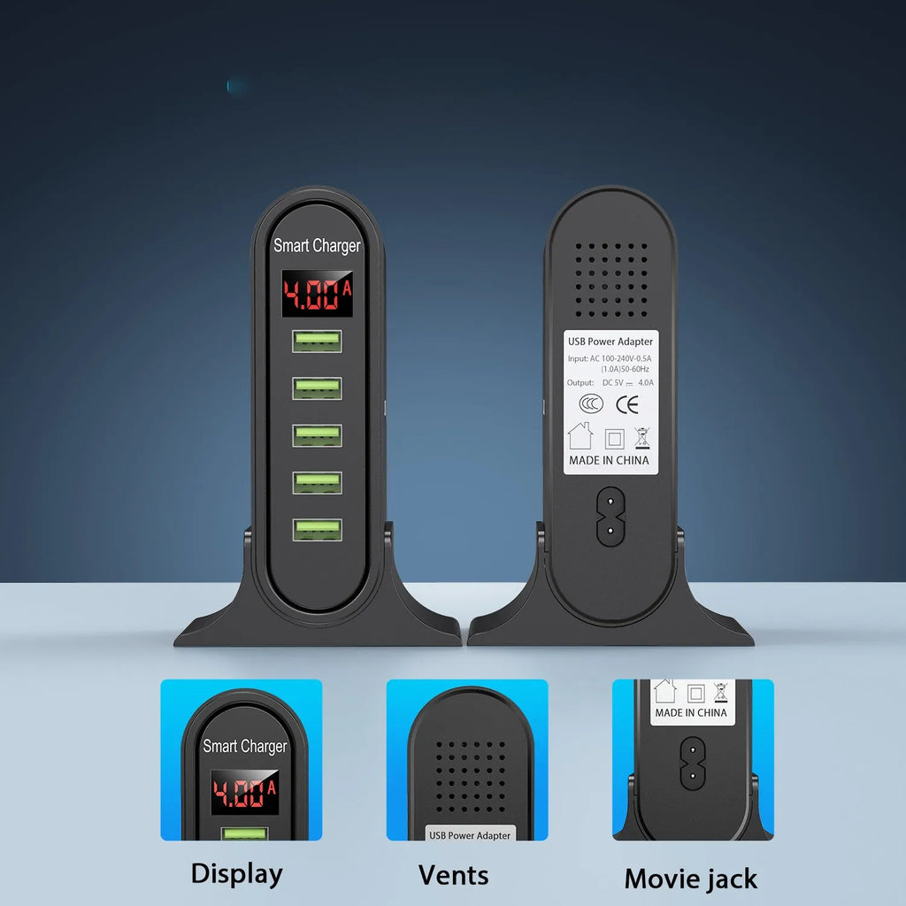 Smart LED digital display travel charger showing 240V input and 5V output with USB interface