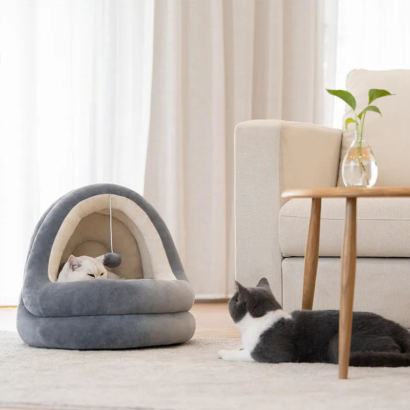 Beige grey crystal velvet cat house bed with removable mattress for kittens and small dogs