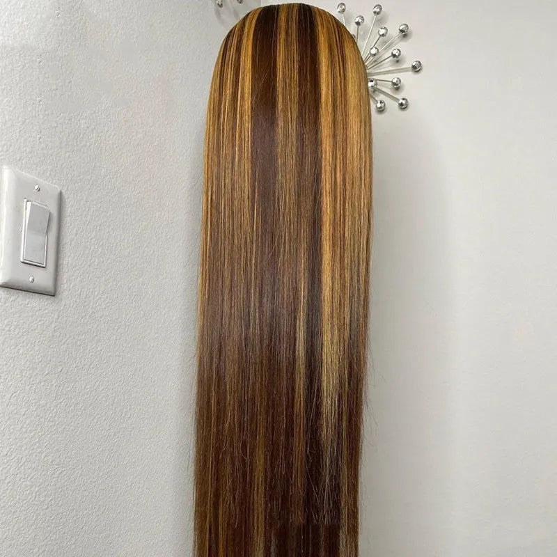 Piano color real hair T-shaped headgear on display with lengths 10 to 26 inches