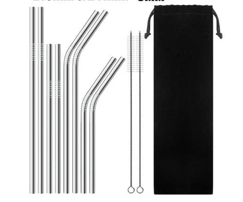 Colourful reusable stainless steel straws with threaded non-slip lines in various sizes and colours