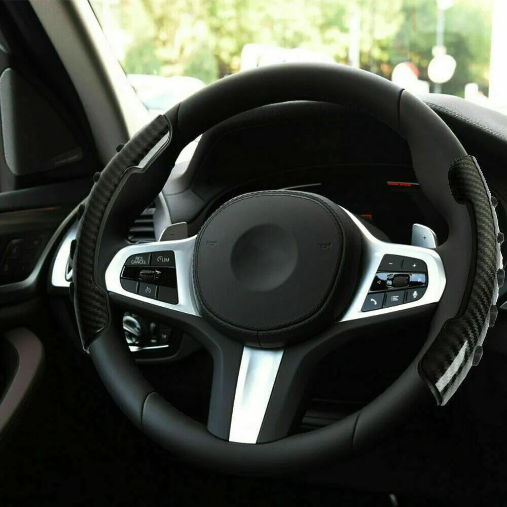 Carbon fibre black woven anti-slip sleeve for a 38cm car steering wheel.