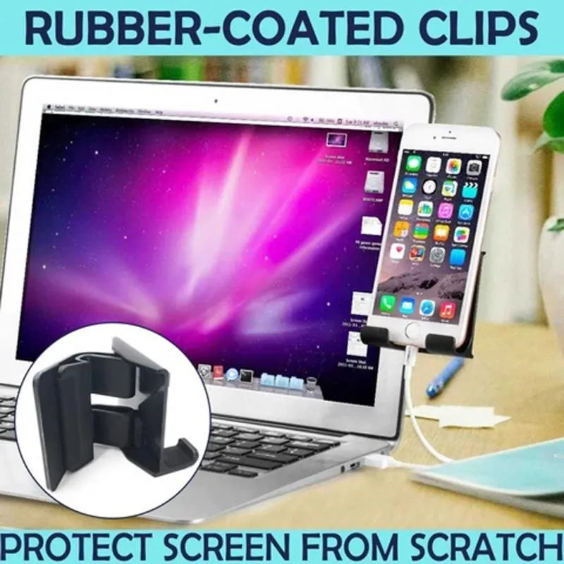 Black ABS computer mobile phone bracket attached to side of monitor with phone inserted
