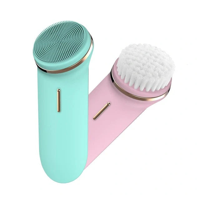 Green silicone electric face cleaner showing 132mm length with vibration cleaning surface