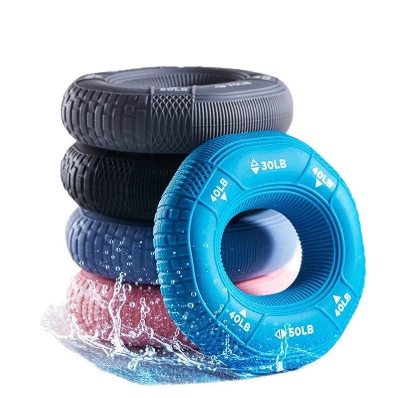 Silicone grip ring hand exerciser in grey with 20-30 pound resistance for finger and grip training