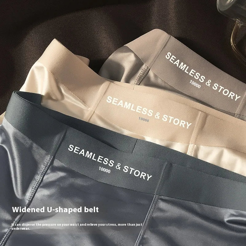 Men's mid-waist ice silk underwear in solid colours including coffee, light grey, white, and blue.