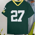 Cotton casual t-shirt with digital letter printing in red or green colour, loose fit short sleeve design
