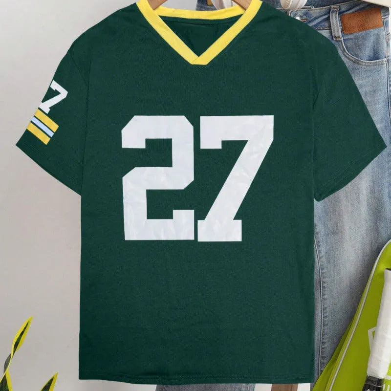 Cotton casual t-shirt with digital letter printing in red or green colour, loose fit short sleeve design