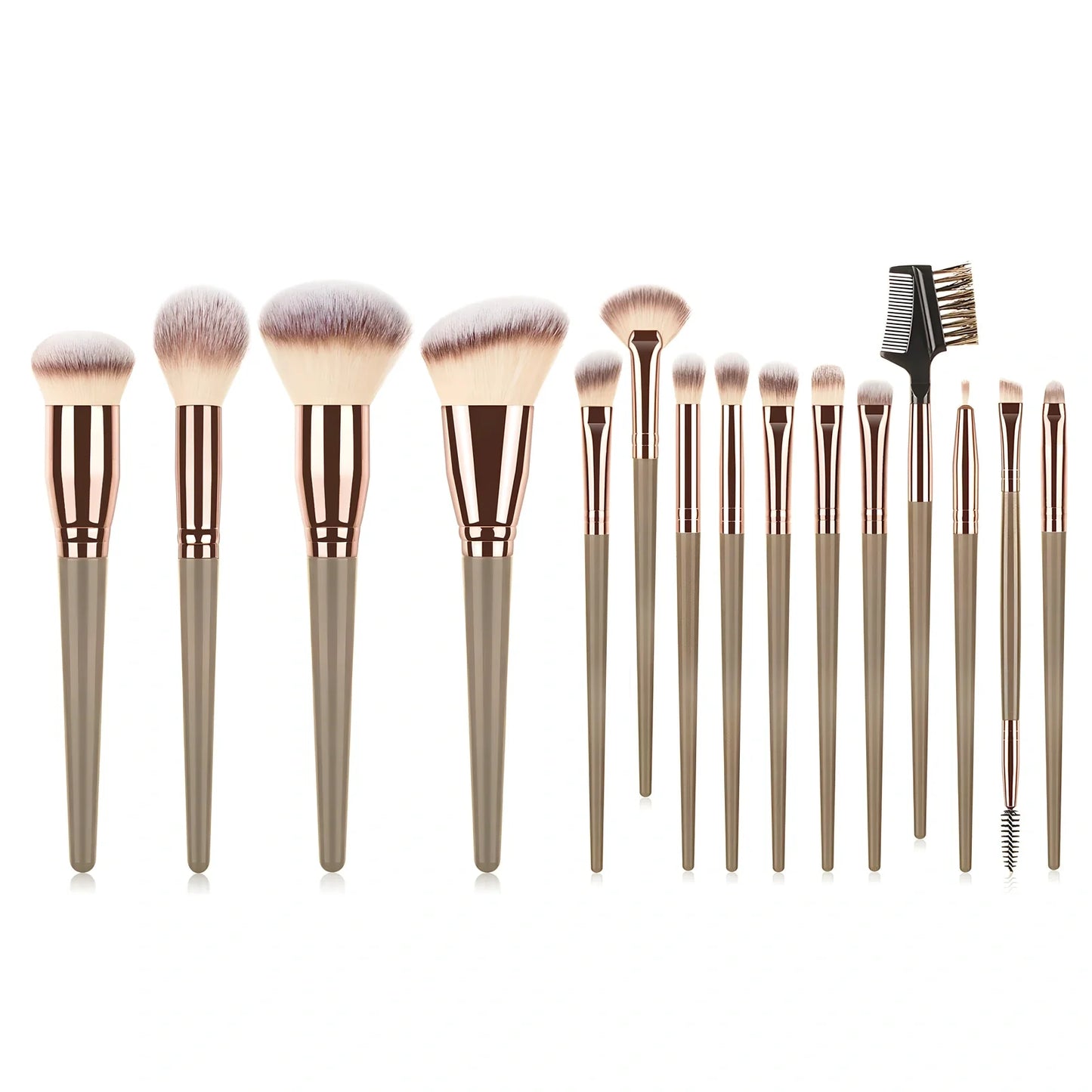 15-piece brown makeup brush set with 19cm lengths and 4cm man-made fibre eye shadow brush