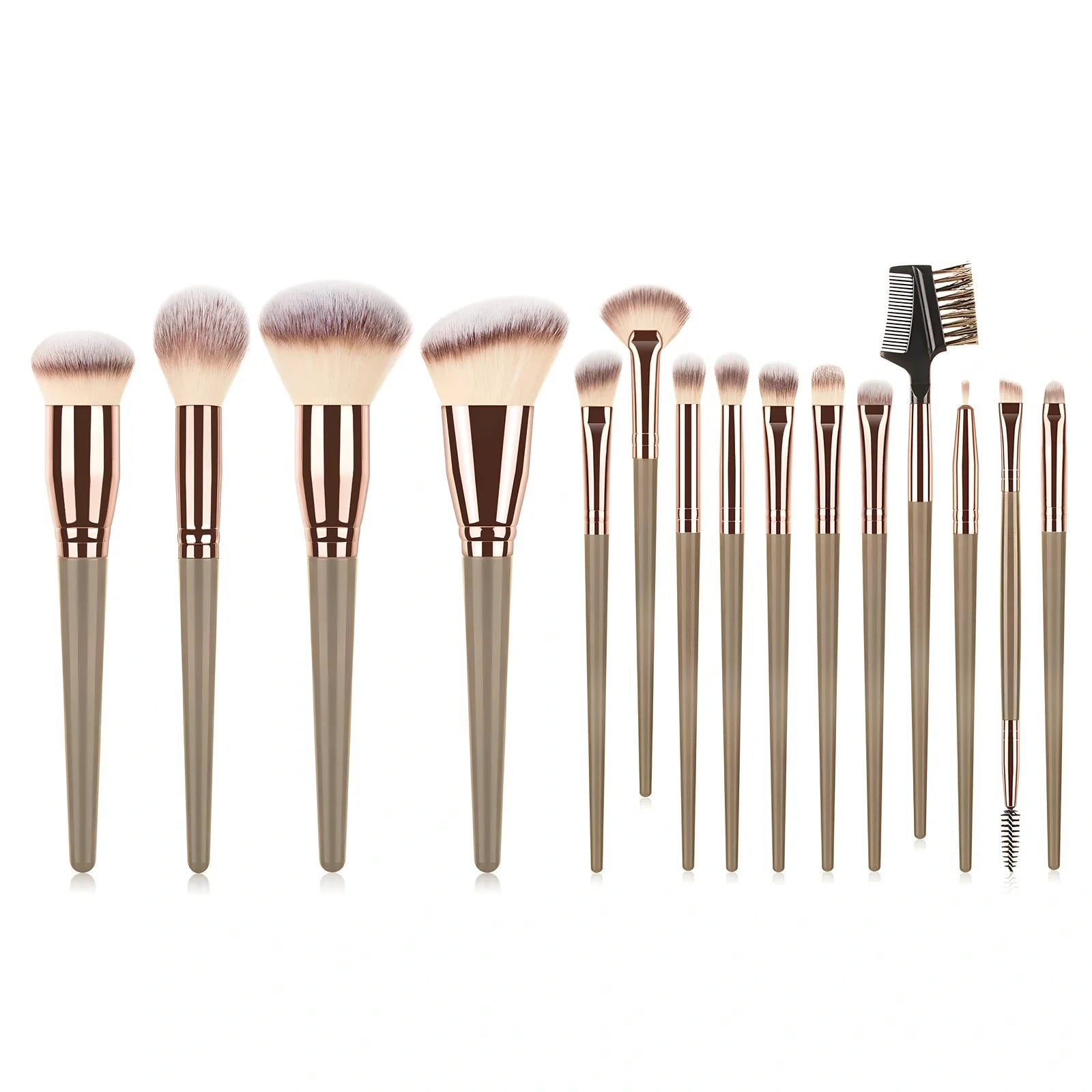 15-piece brown makeup brush set with 19cm lengths and 4cm man-made fibre eye shadow brush