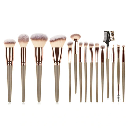 15-piece brown makeup brush set with 19cm lengths and 4cm man-made fibre eye shadow brush