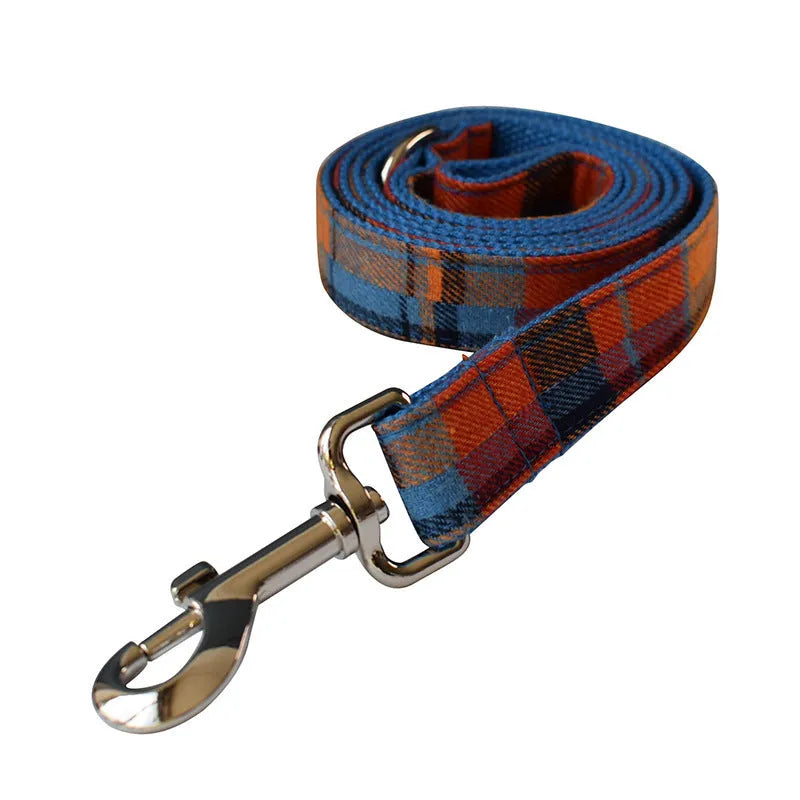Blue background velvet plaid dog collar with alloy buckle and matching bow accessory