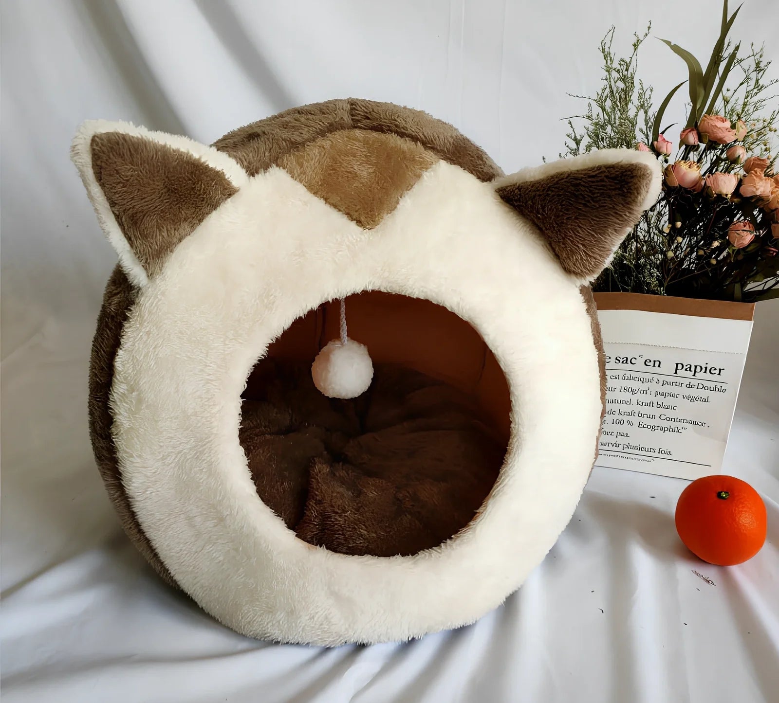 Closed cat litter kennel S size with winter plus velvet, for cats up to 6kg, camel pattern, enclosed design with mat