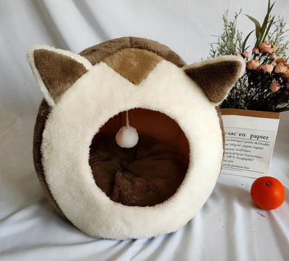 Closed cat litter kennel S size with winter plus velvet, for cats up to 6kg, camel pattern, enclosed design with mat