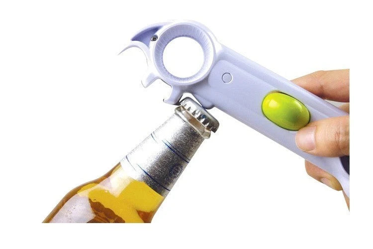 Universal 6-in-1 kitchen tool for opening jars, cans, and bottles in white and green