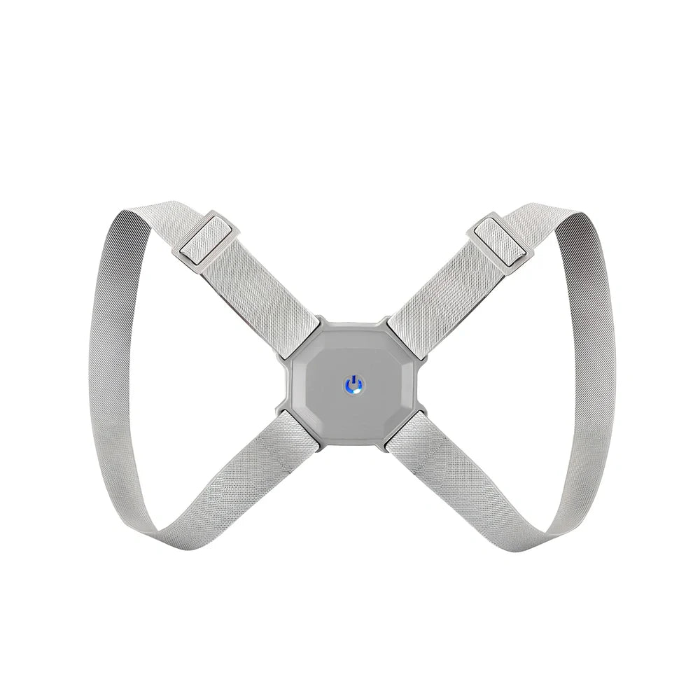 Grey adjustable posture corrector belt for kids and adults, 210g weight with real-time hunchback assessment straps