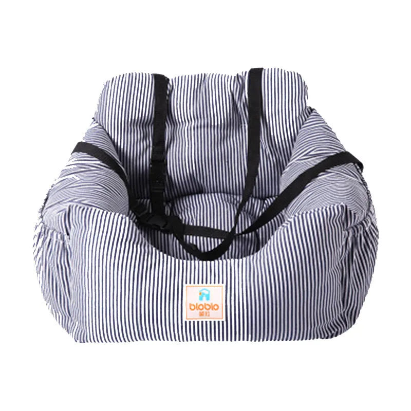 Travel car seat cushion for small dogs with raised sides in blue stripes on a car seat, Oxford cloth construction