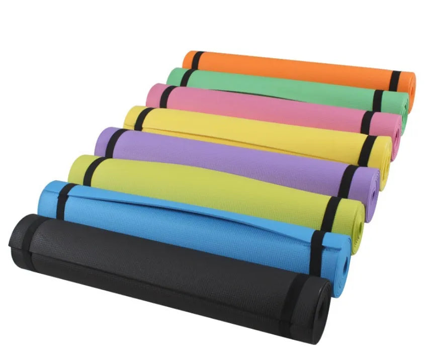 EVA yoga mat in blue showing 6mm thickness and textured anti-skid surface.