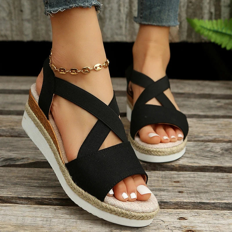 Women's cross-strap platform gladiator sandals with hemp heel in various colours