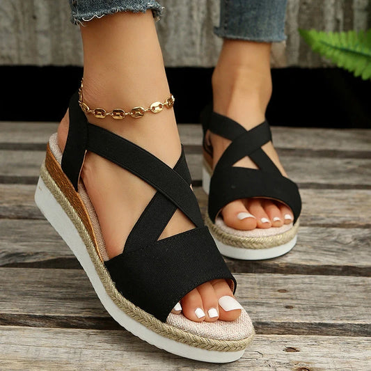 Women's cross-strap platform gladiator sandals with hemp heel in various colours
