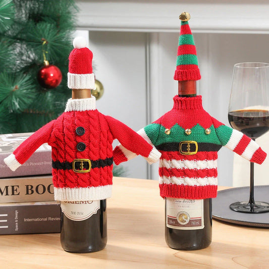 Knit wine bottle covers in red and green stripes and red belt designs for Christmas and winter holidays