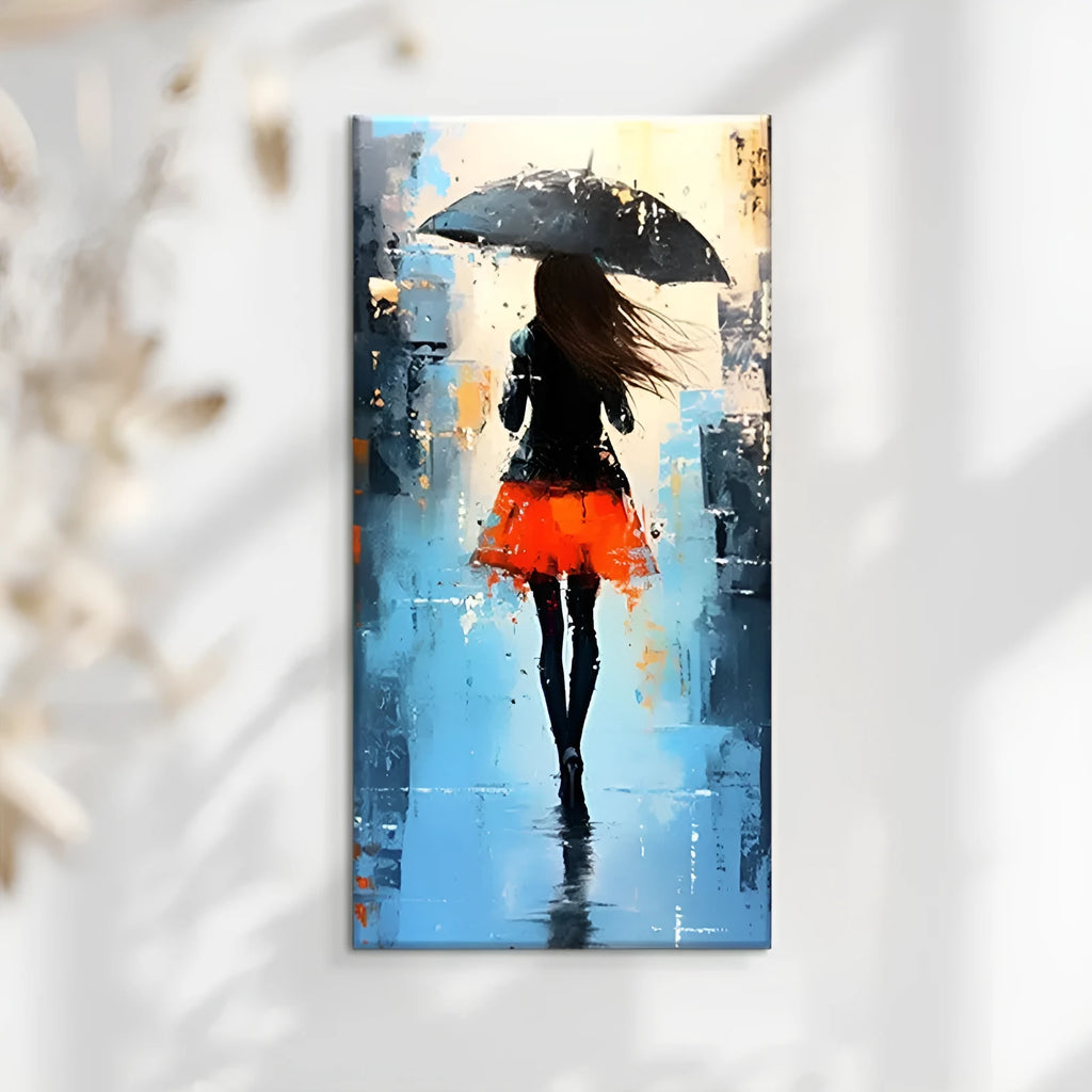 Hand painted modern abstract people walk rain oil painting on canvas wall art