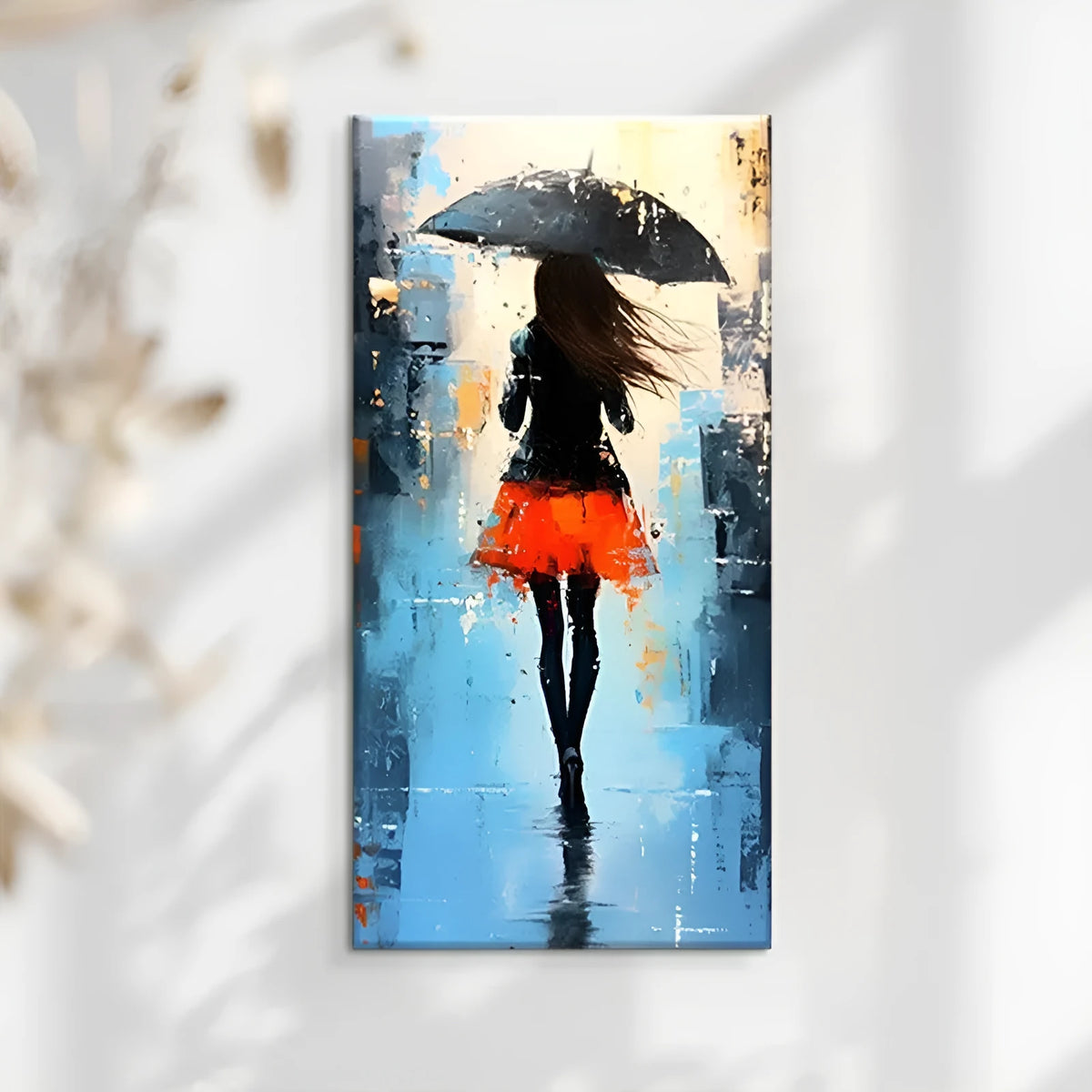 Hand painted modern abstract people walk rain oil painting on canvas wall art
