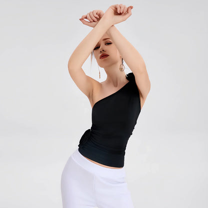 Black one-shoulder pleated flaperon vest top with three-dimensional rose detail, 25cm length size S, 95% polyester stretch fabric