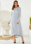 A loose, black lantern-style dress with a lace-up detail on the crew neckline.