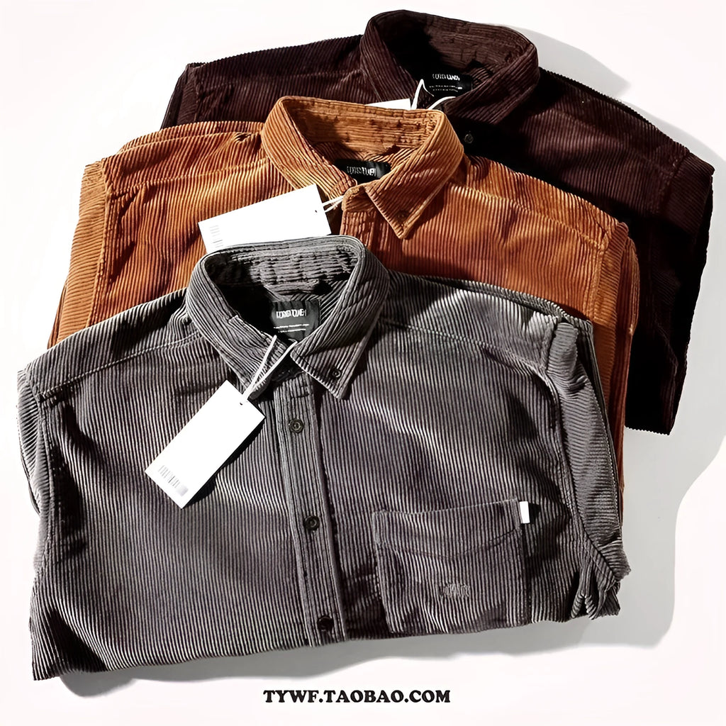 Caramel and grey loose fit corduroy long sleeve shirt in Japanese Hong Kong cardigan style