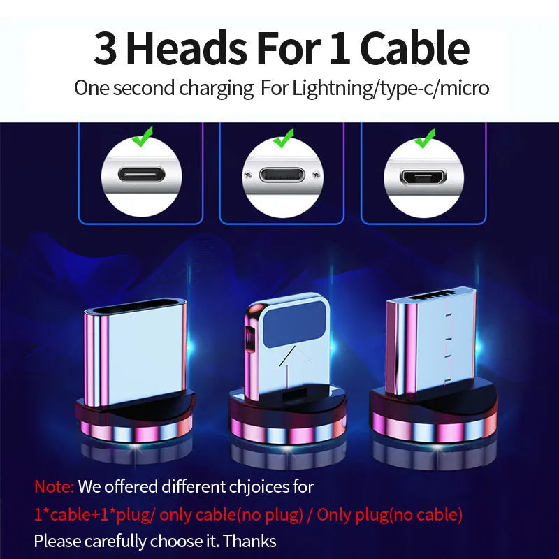 Magnetic data cable with interchangeable USB, 8PIN, Micro USB and TYPE-C heads in black
