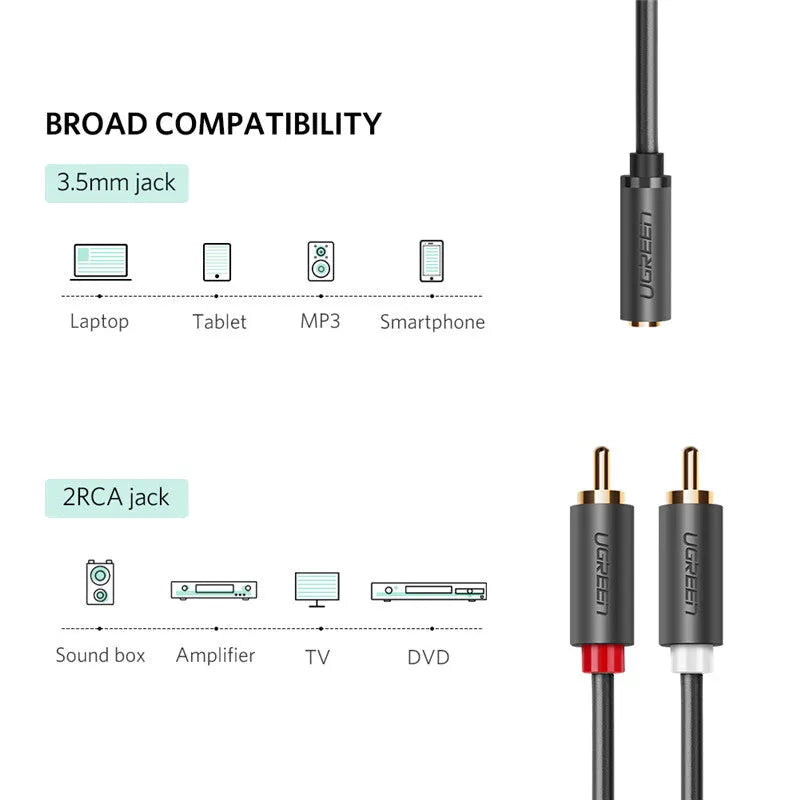 25cm 3.5mm female to 2 RCA male audio cable with gold-plated plugs and PVC jacket