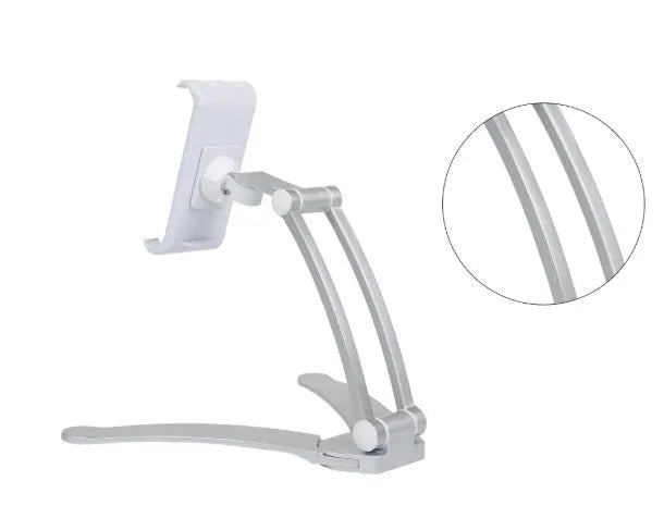 Silver aluminium alloy desktop tablet stand holding a tablet at an adjustable angle