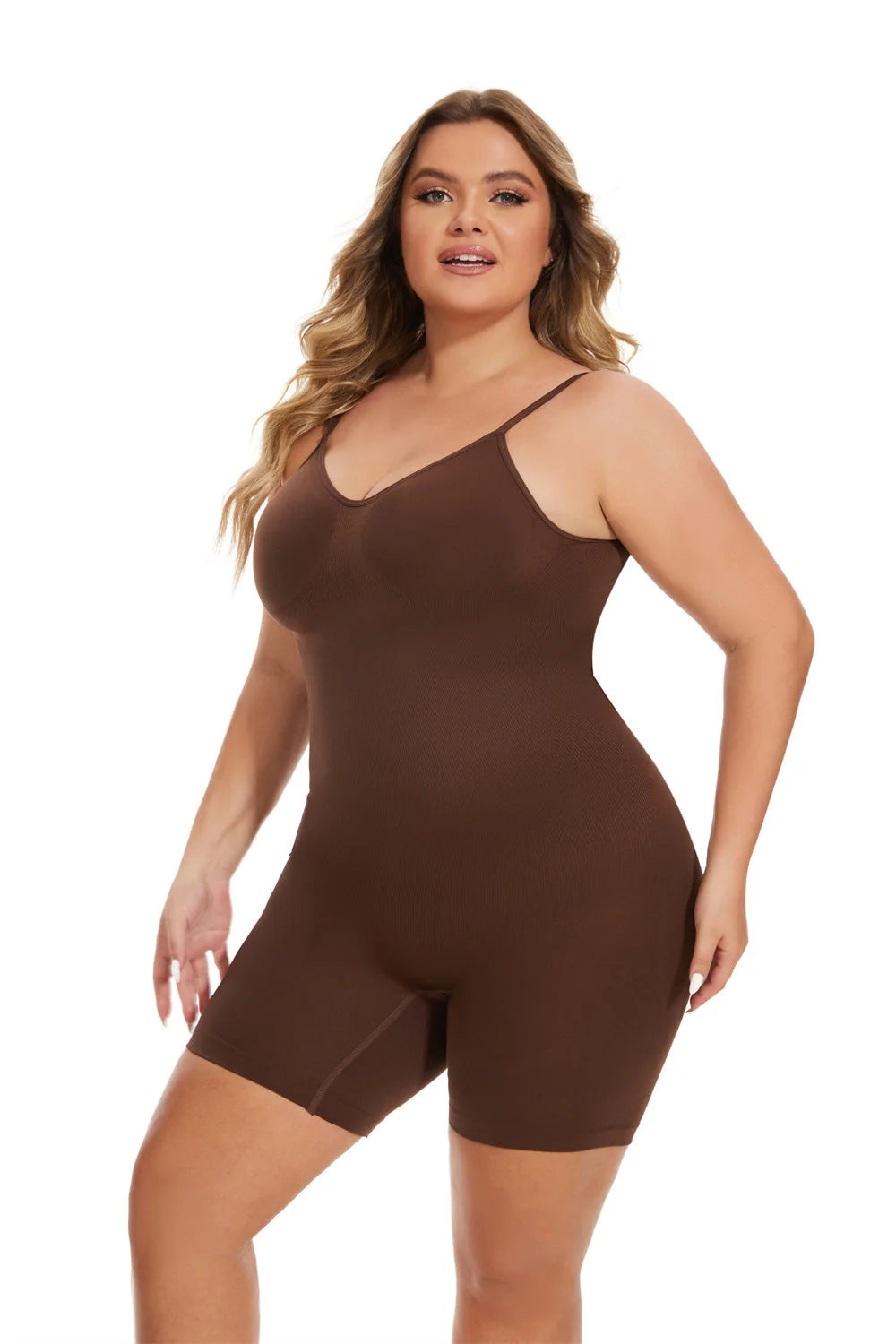 Waist-fitted jumpsuit in black, beige, and brown with belly control and hip-lift design