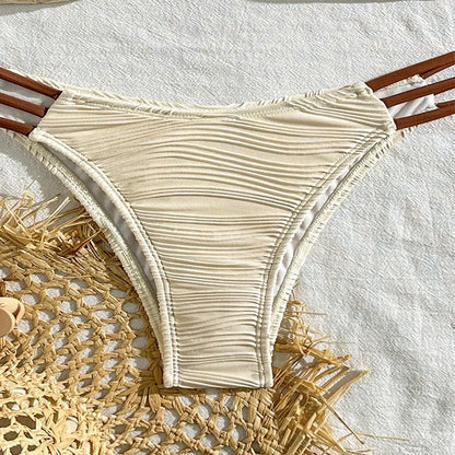 Women's striped polyester swimsuit in khaki, brown, white, black, or green for beach and hot spring activities