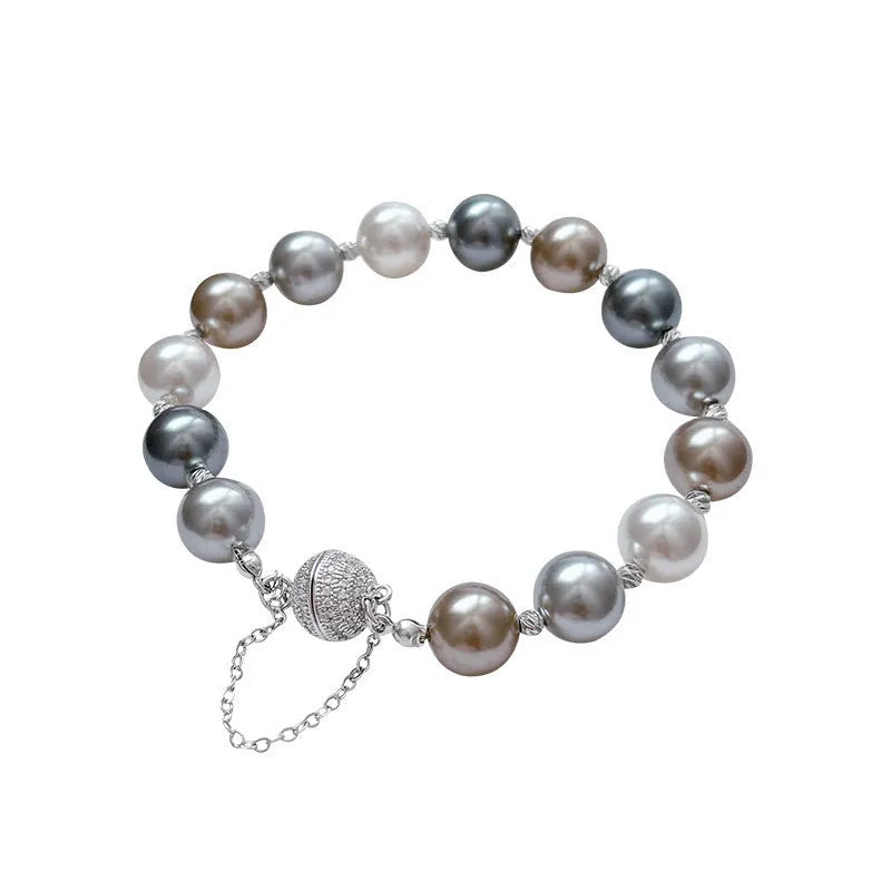 Gray pearl magnetic buckle bracelet for women, RF1034 silver colour, geometric shape with ring element