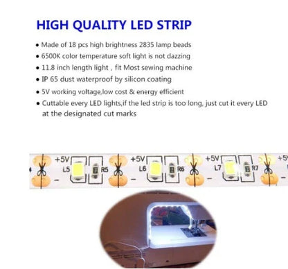 Sewing machine LED light strip with touch-sensitive dimming controls, providing ample illumination for crafting projects