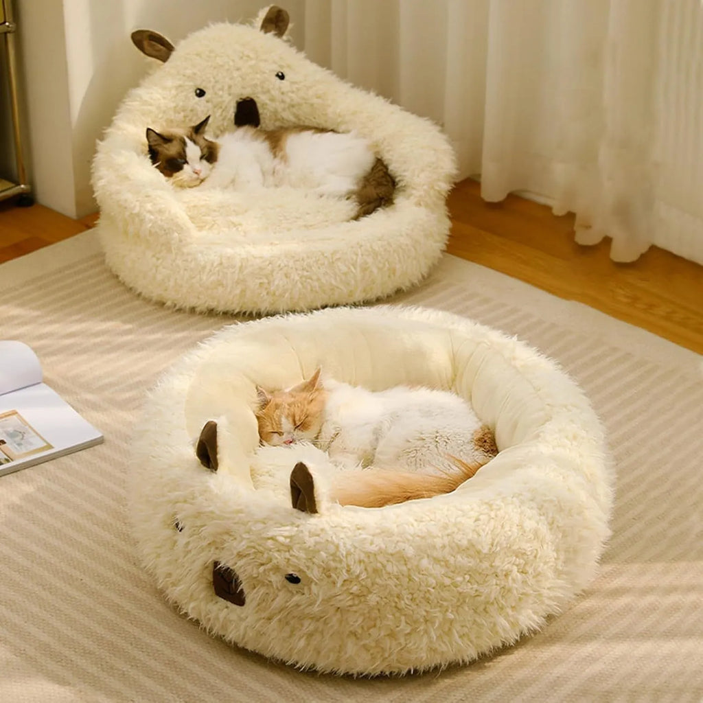 White Cut Alpaca pet bed with raised edges and detachable plush pad for small medium large dogs and cats