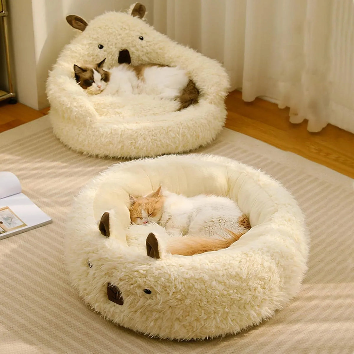 White Cut Alpaca pet bed with raised edges and detachable plush pad for small medium large dogs and cats