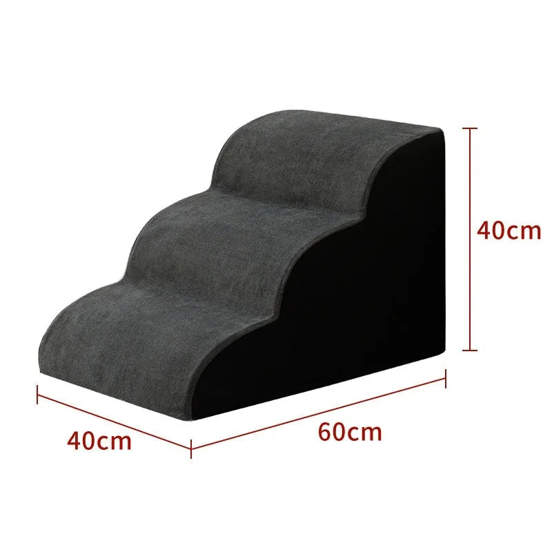 Brown wooden dog stairs with washable fabric cover next to a sofa