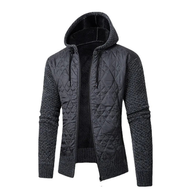 A grey men's hooded cardigan coat with a cinched waist, made from wool-blend corduroy.