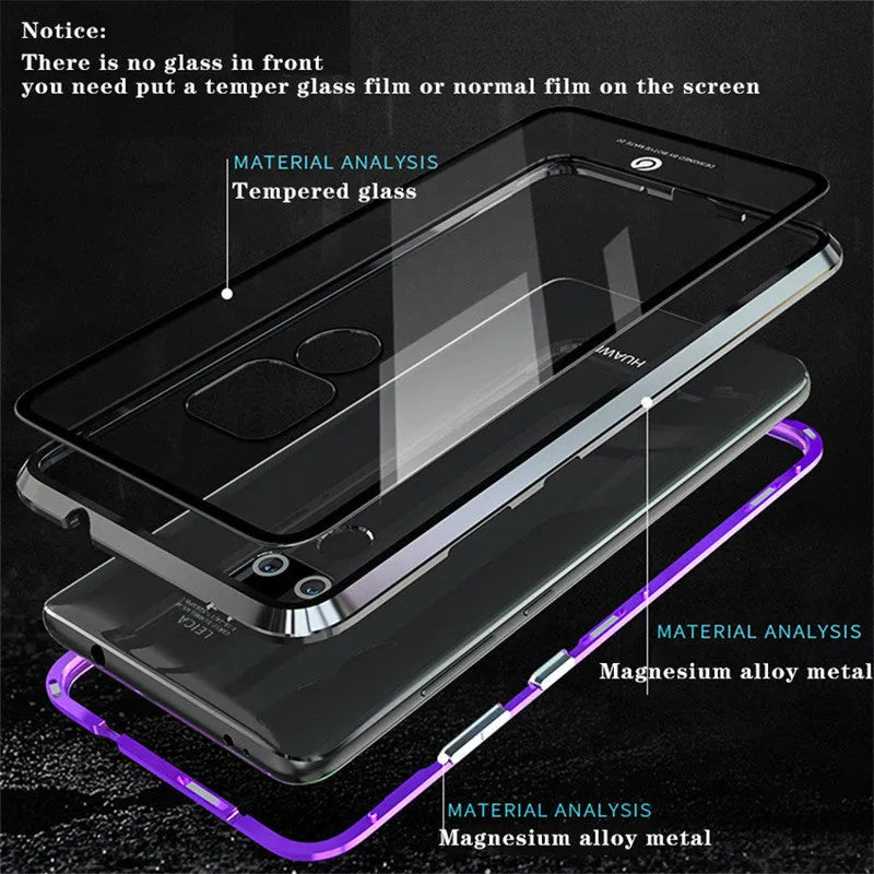 Black magnetic aluminium phone case with clear tempered glass back for Huawei P30 Pro