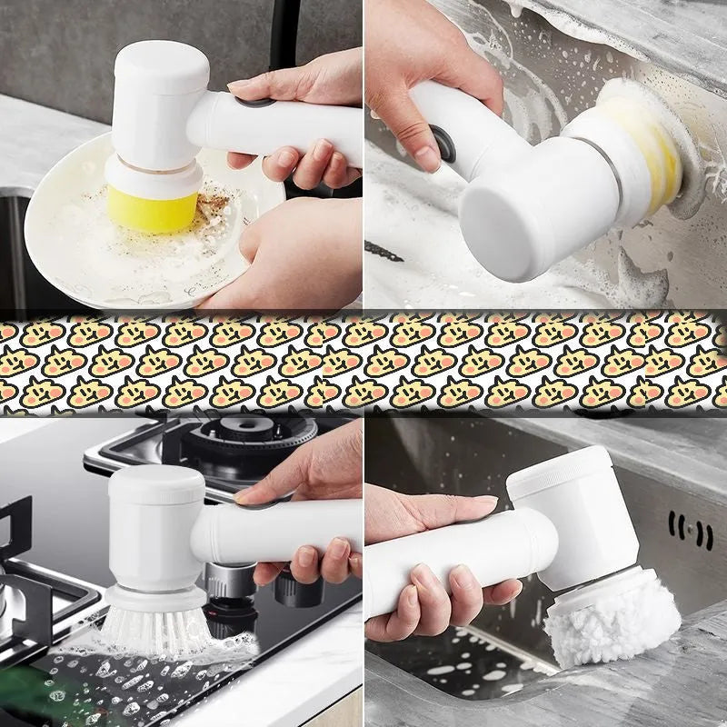 Electric kitchen cleaning brush with multiple brush heads for stove and range hood cleaning