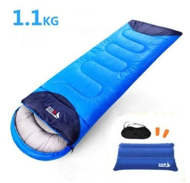Blue camping sleeping bag with removable inner liner, compression straps, and waterproof 190T polyester shell