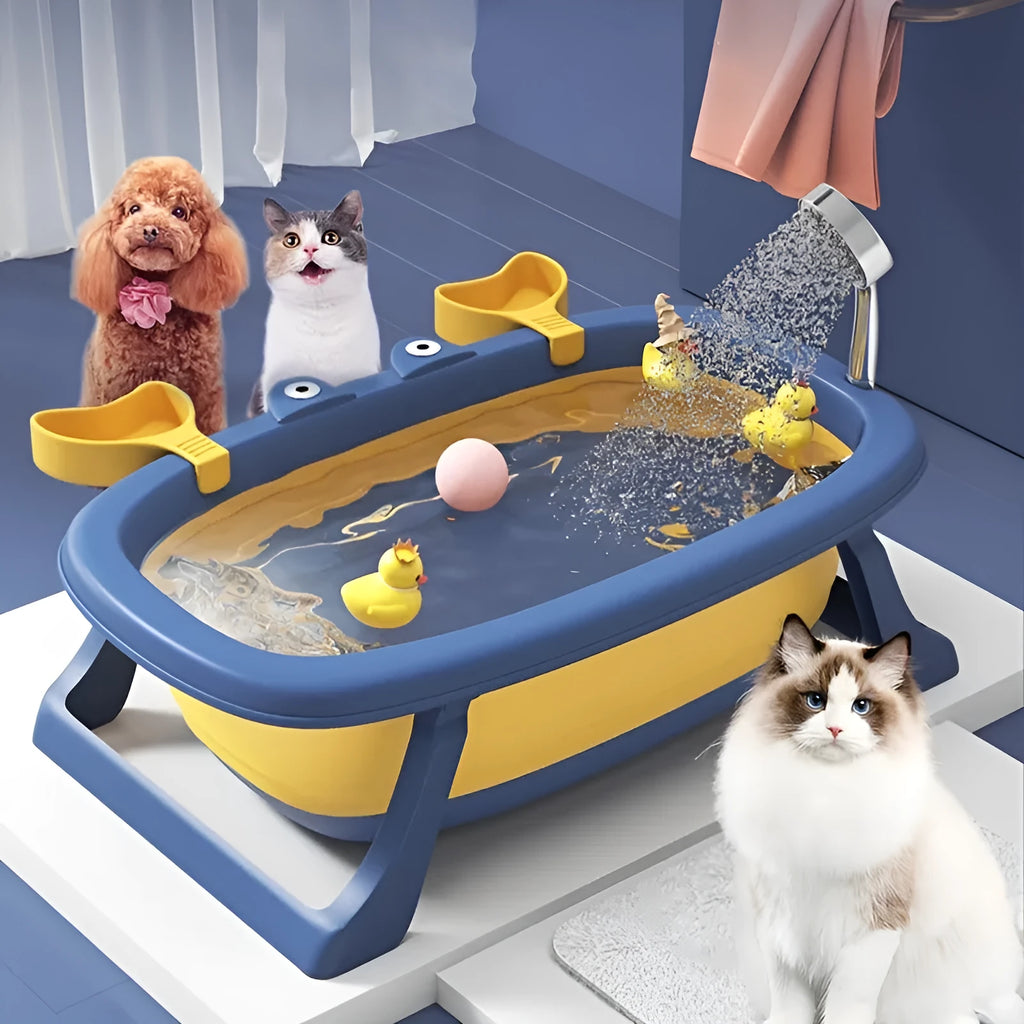 Blue portable foldable pet bath tub for cats and small dogs on a rust-resistant frame