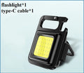 Mini rechargeable COB keychain flashlight with 400 lumens, USB cable, and hook for hands-free use as work light