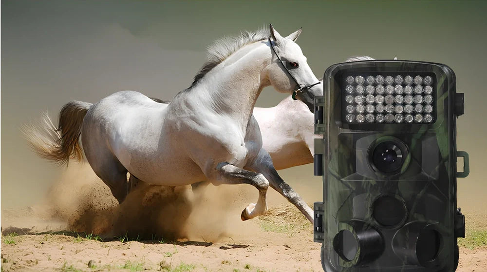 Military green Wild Hunting HD camera with 12x zoom lens and 2.0-inch LCD for trail and night use, 1080p resolution