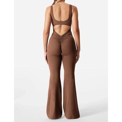 Slim fit hip raise jumpsuit in black and brown for yoga and exercise with backless design